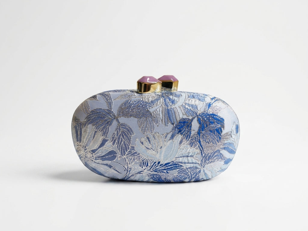 Blue and Silver Floral Brocade Evening Clutch Bag
