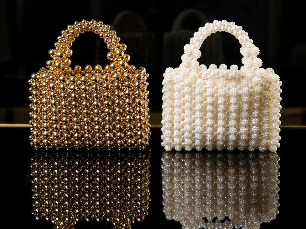 Handcrafted Beaded Evening Clutch Bags - Elegant Gold and Pearl Mini Handbags