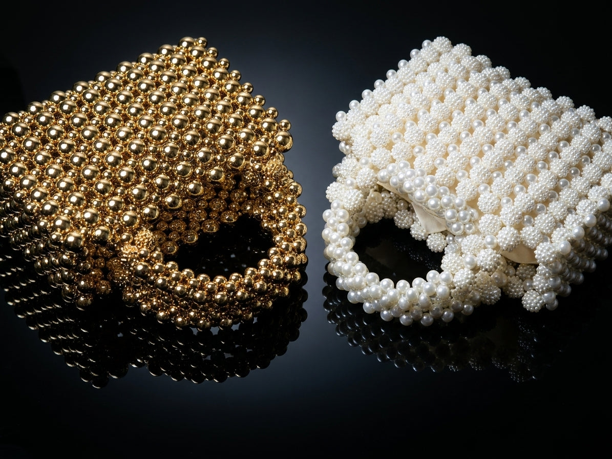 Handcrafted Beaded Evening Clutch Bags - Elegant Gold and Pearl Mini Handbags