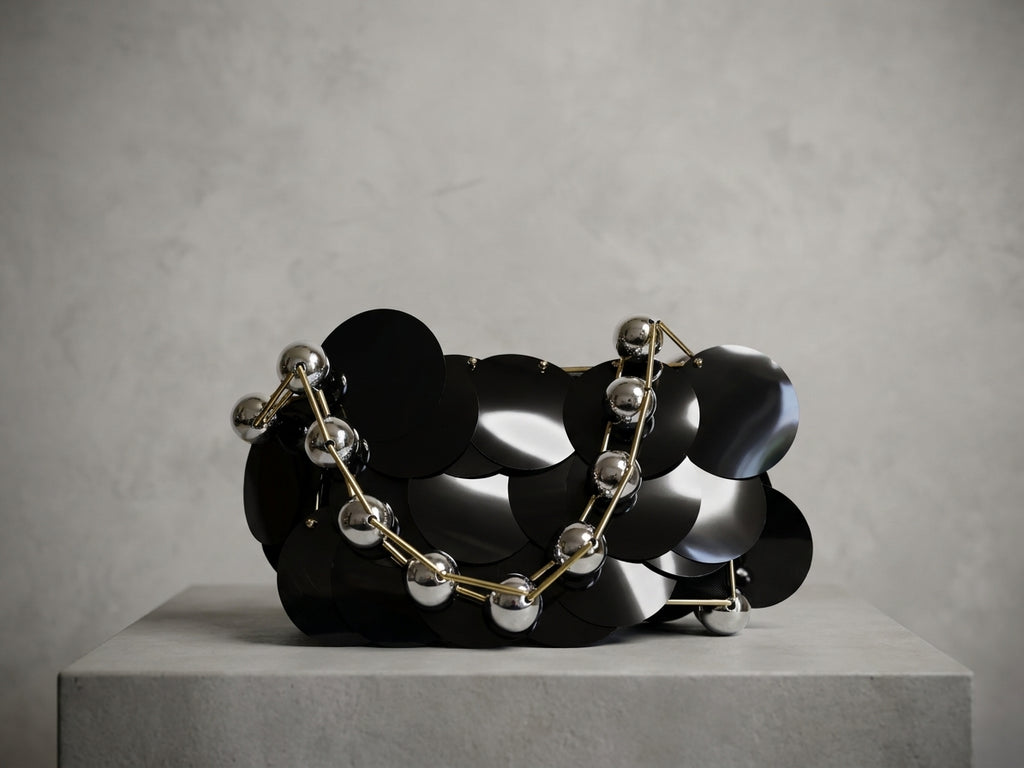 Luxury Black Sequin Statement Handbag with Metallic Bead Strap
