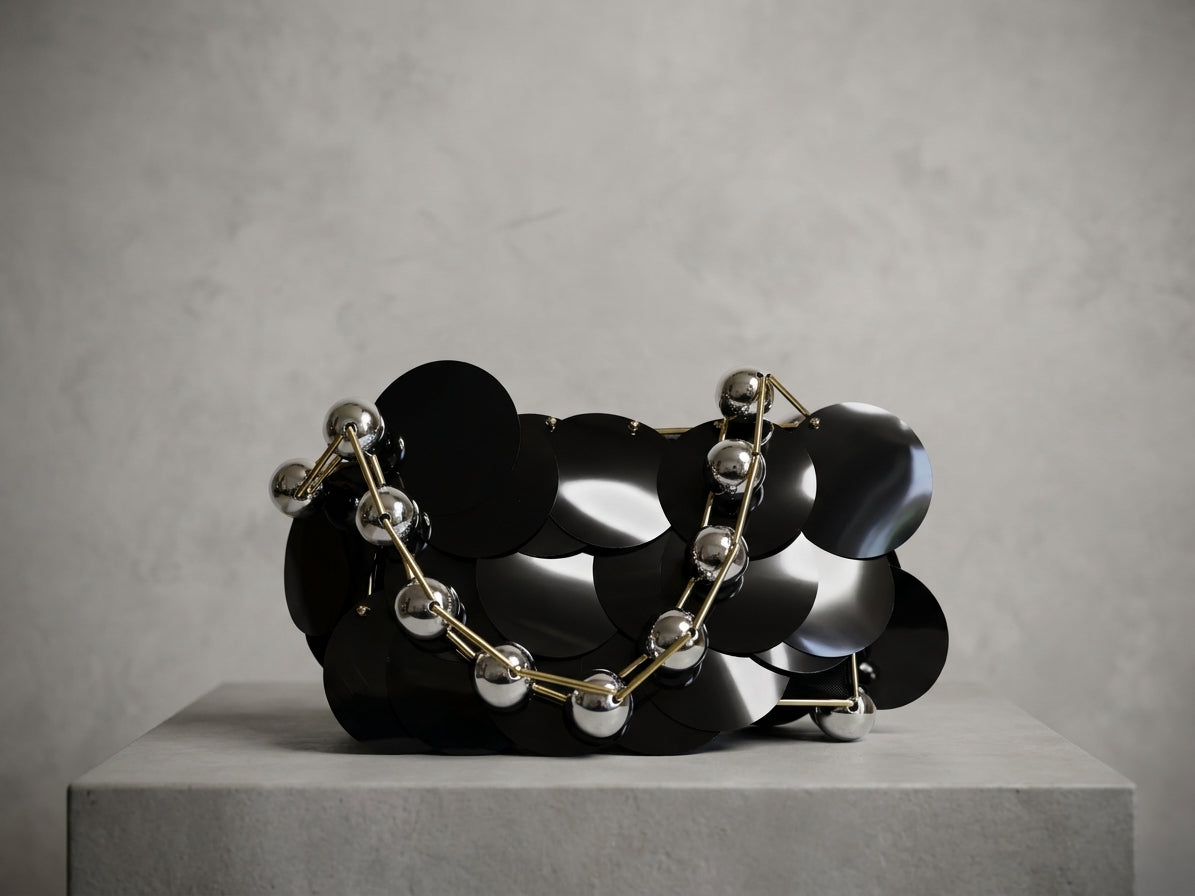 Luxury Black Sequin Statement Handbag with Metallic Bead Strap