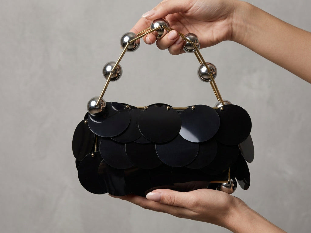 Luxury Black Sequin Statement Handbag with Metallic Bead Strap