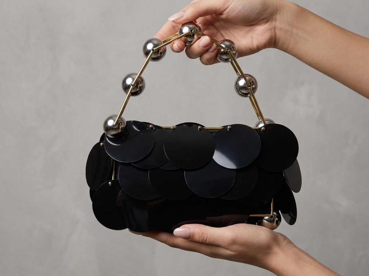 Luxury Black Sequin Statement Handbag with Metallic Bead Strap