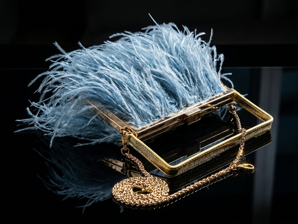 Light Blue Feather Evening Clutch Bag with Gold Chain Strap