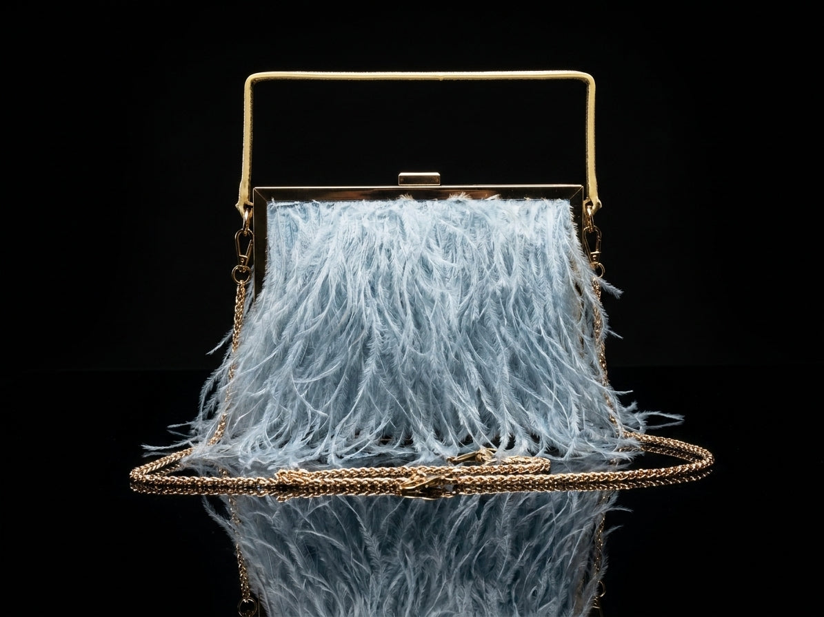 Light Blue Feather Evening Clutch Bag with Gold Chain Strap