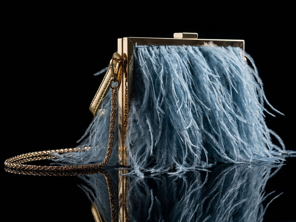 Light Blue Feather Evening Clutch Bag with Gold Chain Strap
