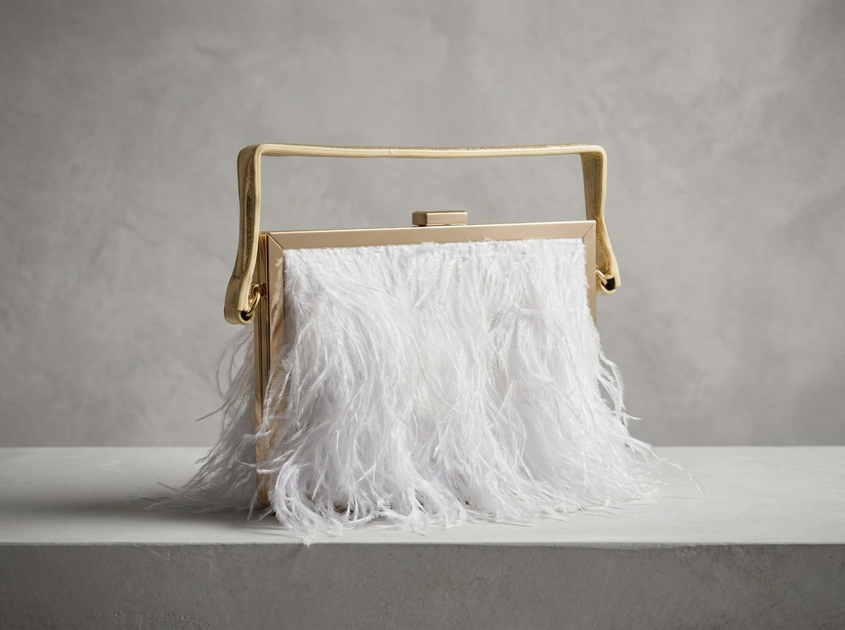 White Feather Evening Clutch Bag with Gold Chain Strap