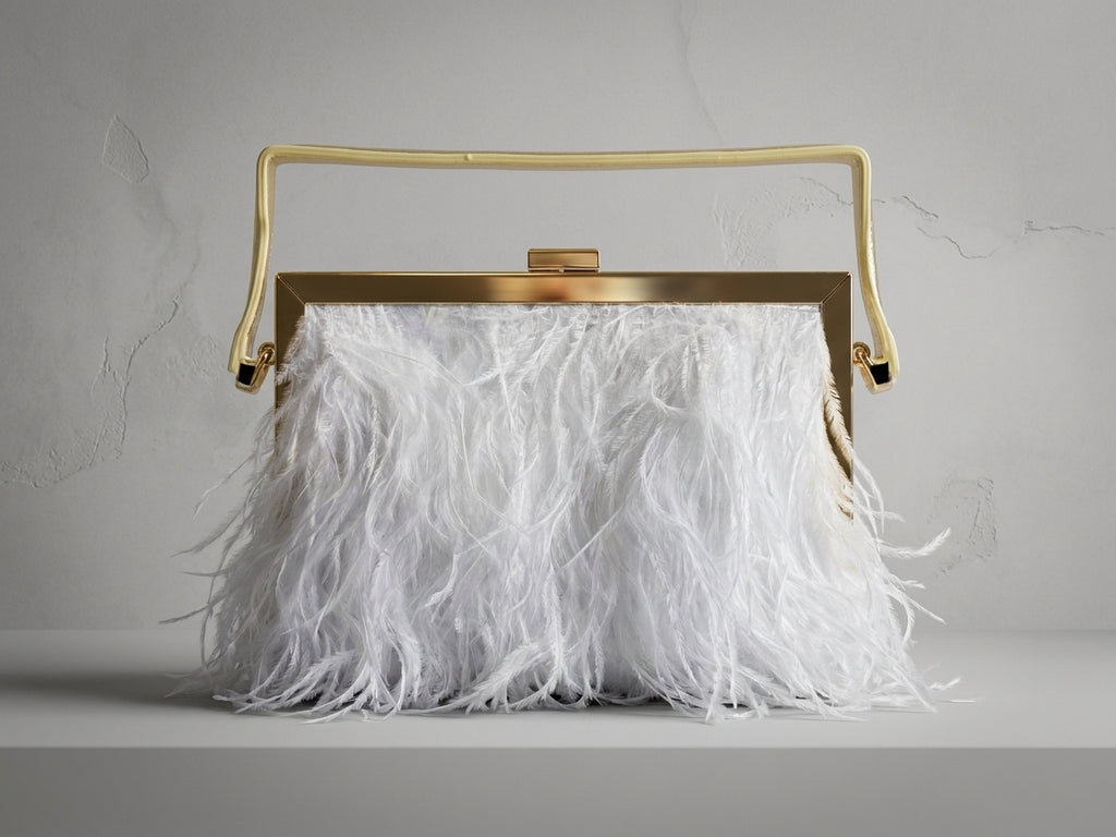 White Feather Evening Clutch Bag with Gold Chain Strap