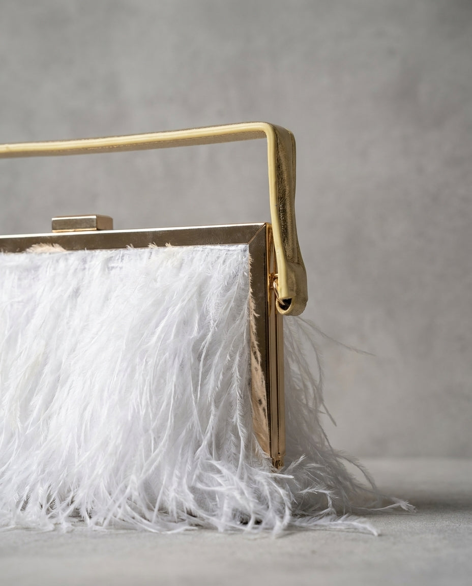 White Feather Evening Clutch Bag with Gold Chain Strap