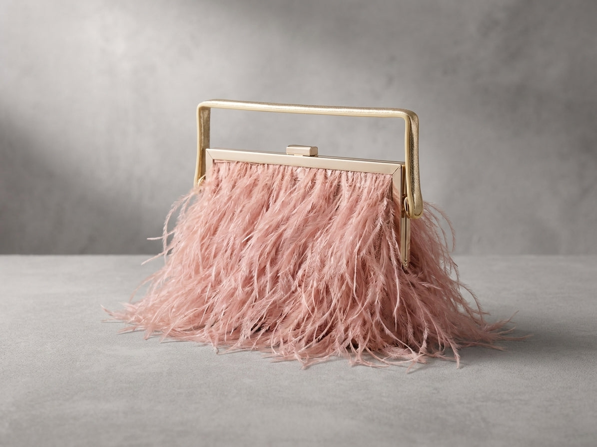 Pink Feather Evening Clutch Bag with Gold Chain Strap