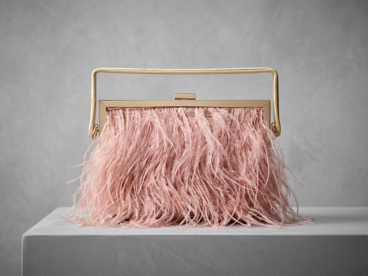Pink Feather Evening Clutch Bag with Gold Chain Strap