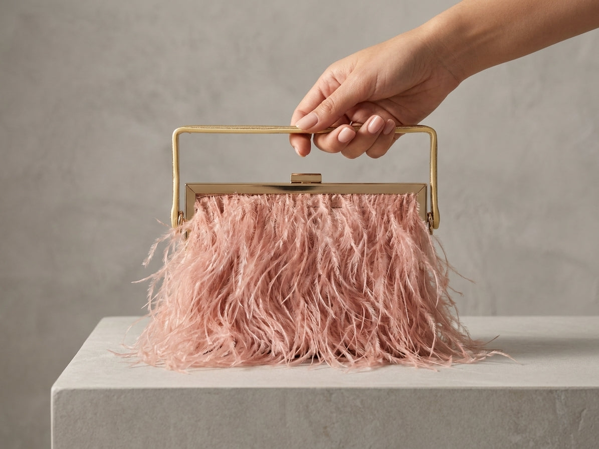 Pink Feather Evening Clutch Bag with Gold Chain Strap