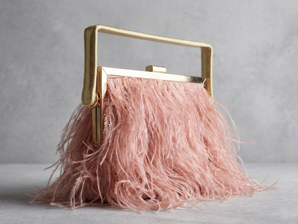 Pink Feather Evening Clutch Bag with Gold Chain Strap