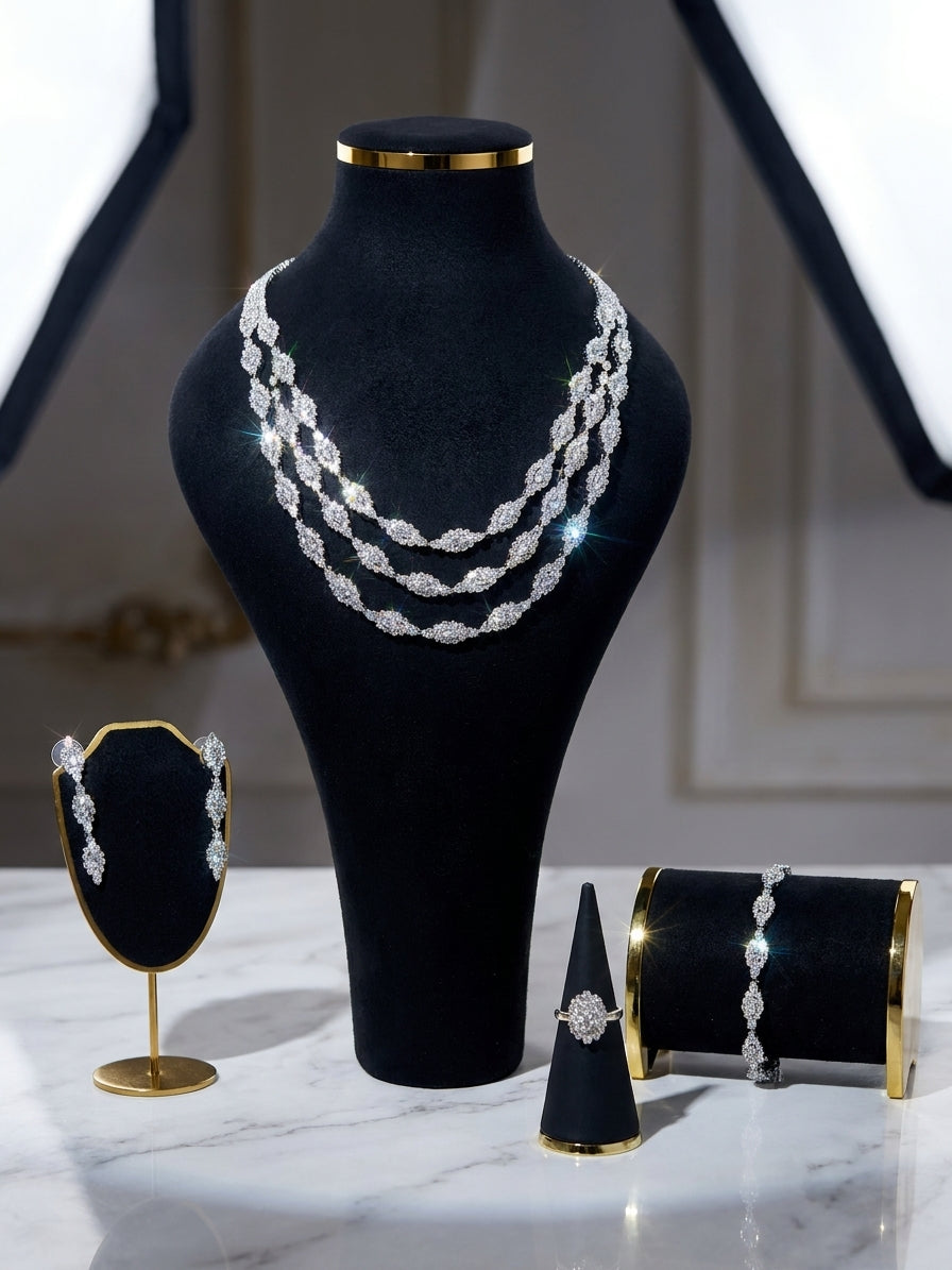 Elegant Multi-Strand Silver-Tone CZ Jewellery Set - Necklace, Earrings, Bracelet, & Ring