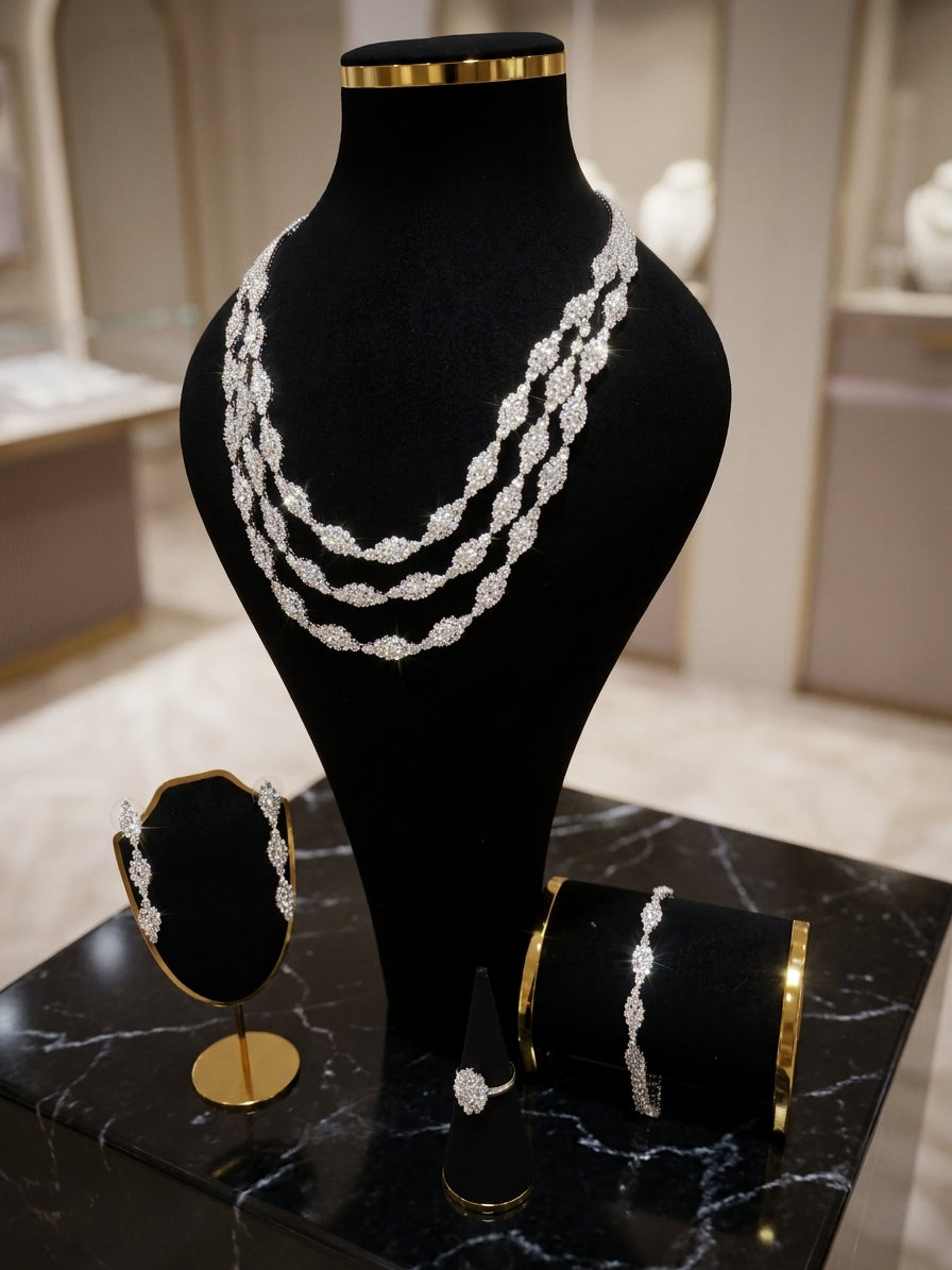 Elegant Multi-Strand Silver-Tone CZ Jewellery Set - Necklace, Earrings, Bracelet, & Ring