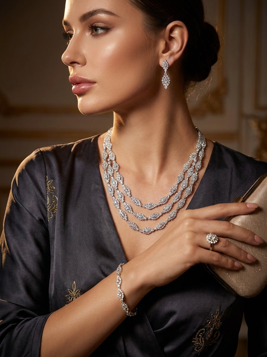 Elegant Multi-Strand Silver-Tone CZ Jewellery Set - Necklace, Earrings, Bracelet, & Ring