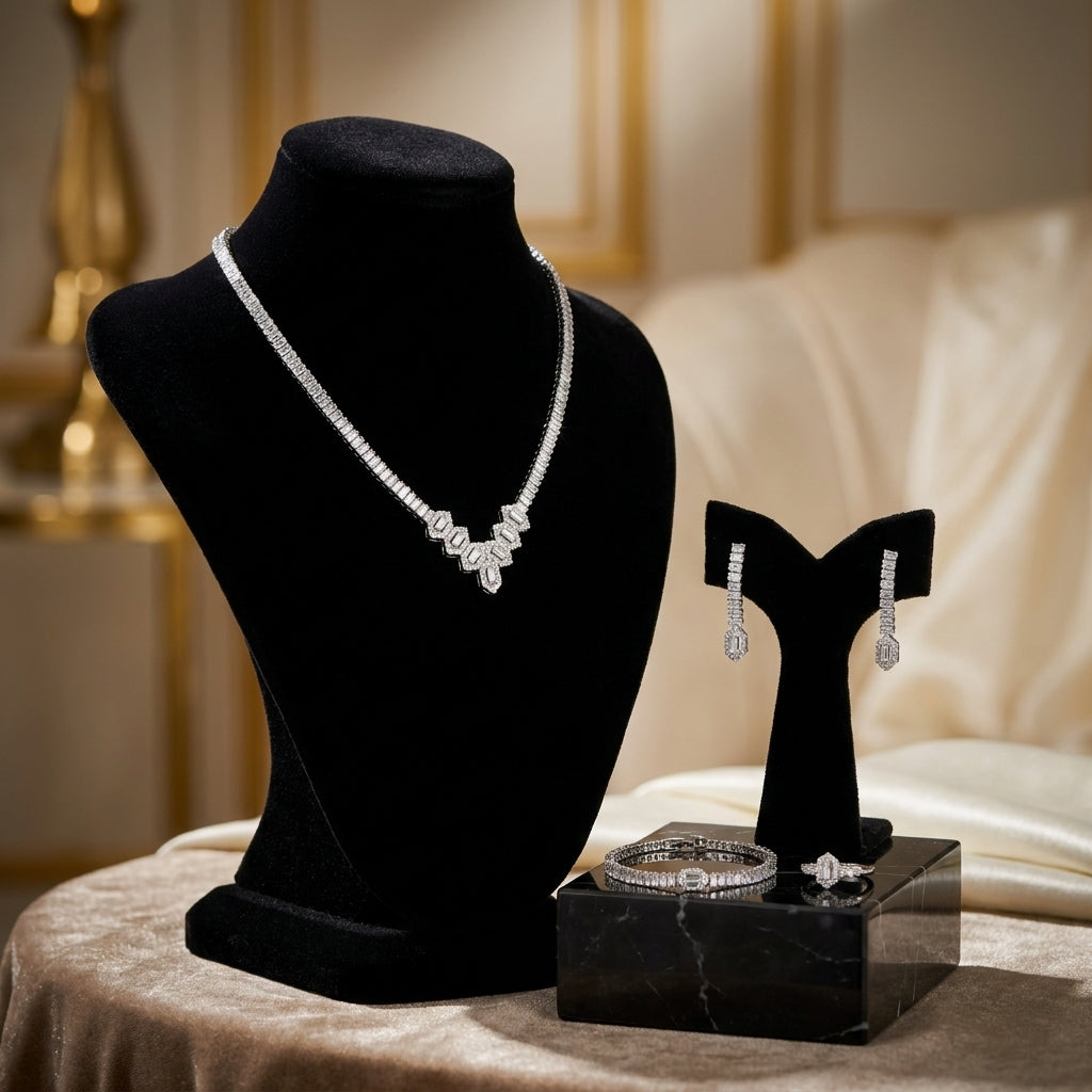 Silver-Plated Cubic Zirconia Geometric Jewellery Set for Women - 4-Piece Collection