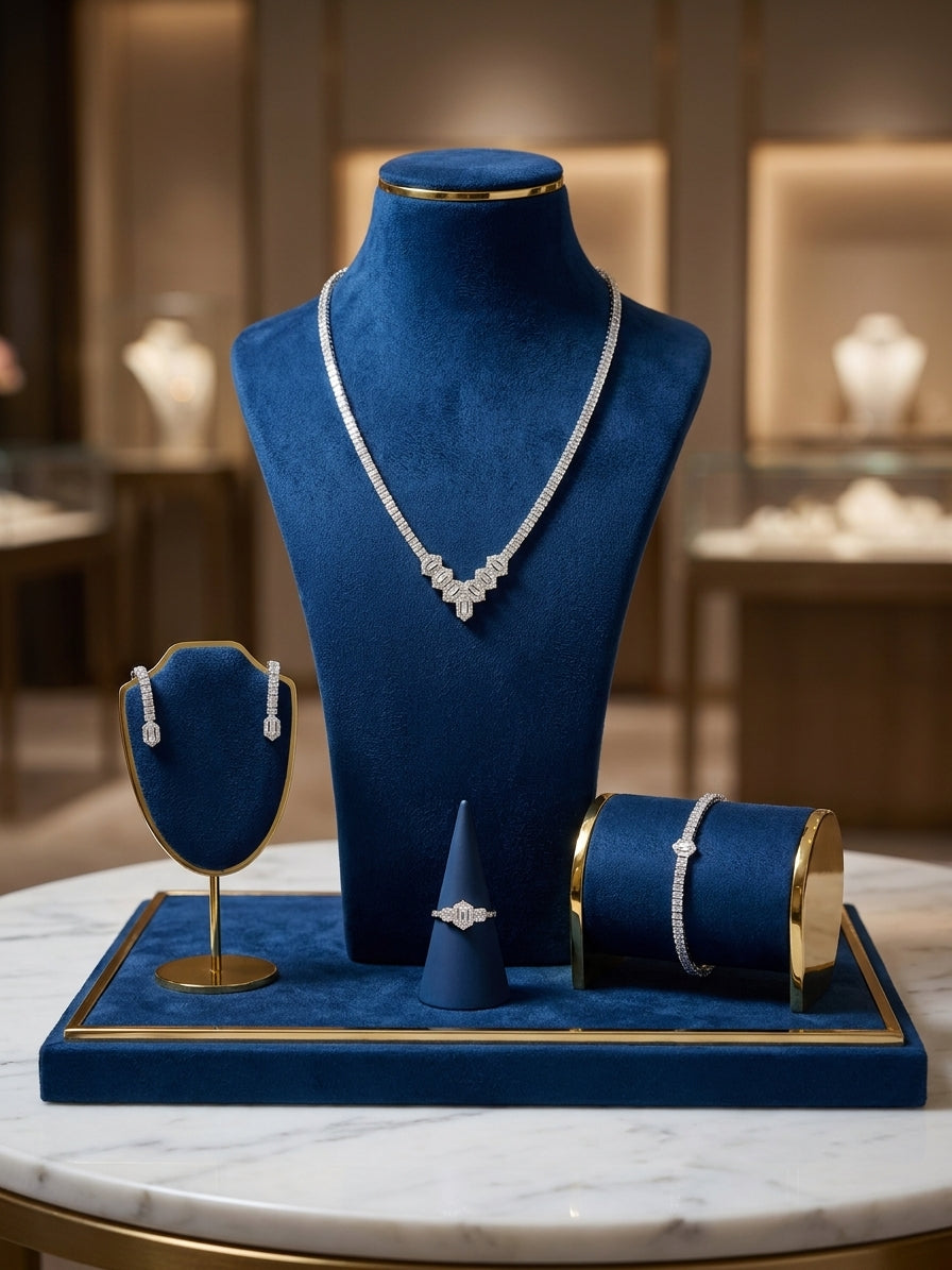 Silver-Plated Cubic Zirconia Geometric Jewellery Set for Women - 4-Piece Collection