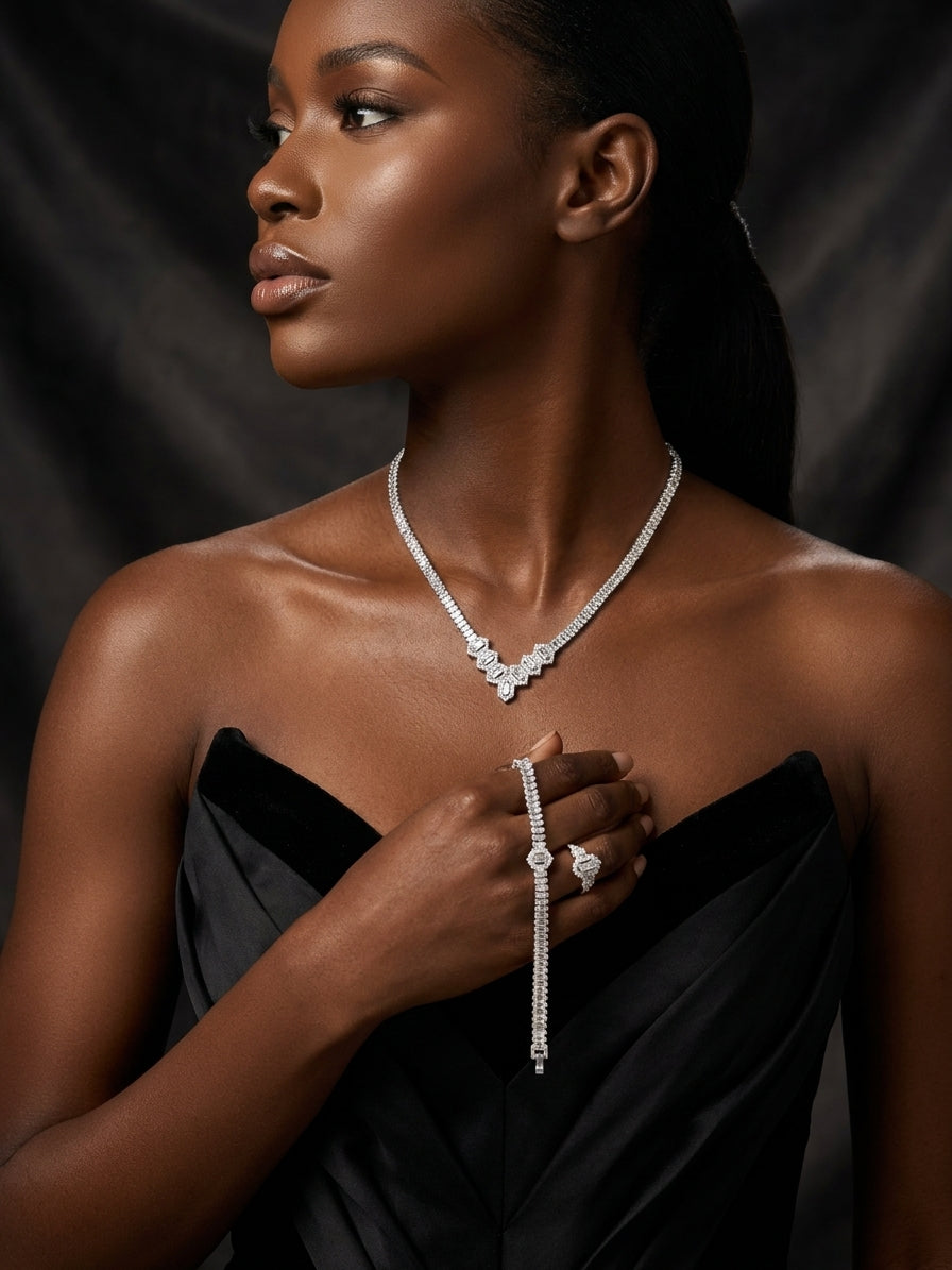 Silver-Plated Cubic Zirconia Geometric Jewellery Set for Women - 4-Piece Collection