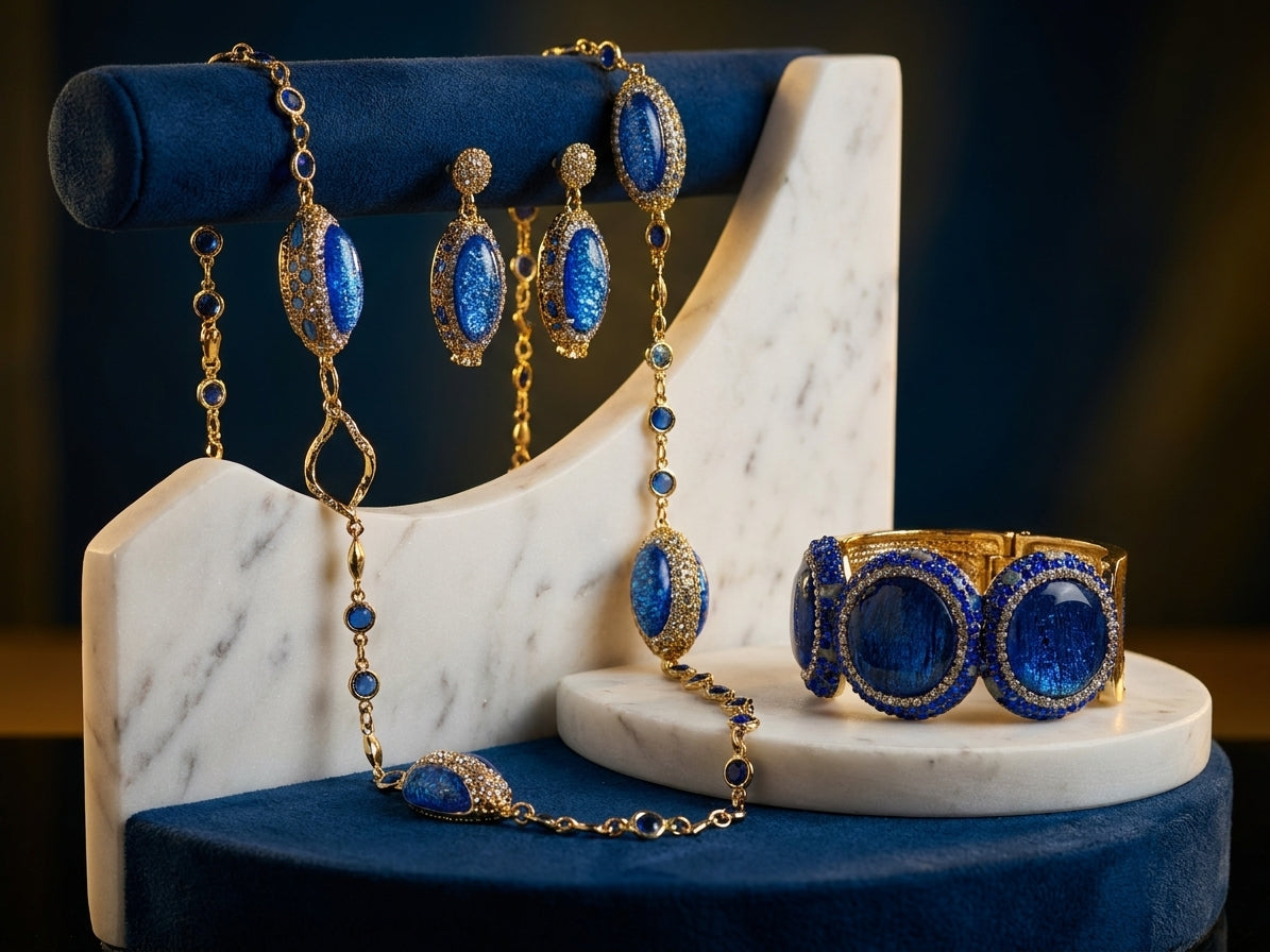Royal Blue & Gold-Tone Statement Jewellery Set - Elegant Necklace, Earrings, and Cuff Bracelet Ensemble