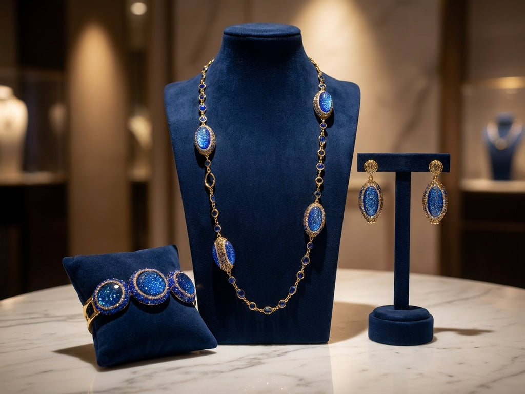 Royal Blue & Gold-Tone Statement Jewellery Set - Elegant Necklace, Earrings, and Cuff Bracelet Ensemble