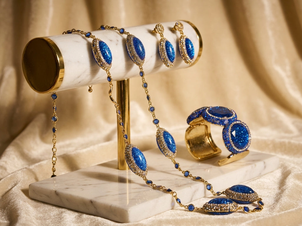 Royal Blue & Gold-Tone Statement Jewellery Set - Elegant Necklace, Earrings, and Cuff Bracelet Ensemble