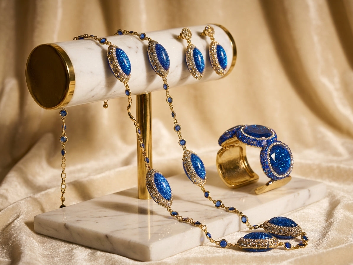 Royal Blue & Gold-Tone Statement Jewellery Set - Elegant Necklace, Earrings, and Cuff Bracelet Ensemble