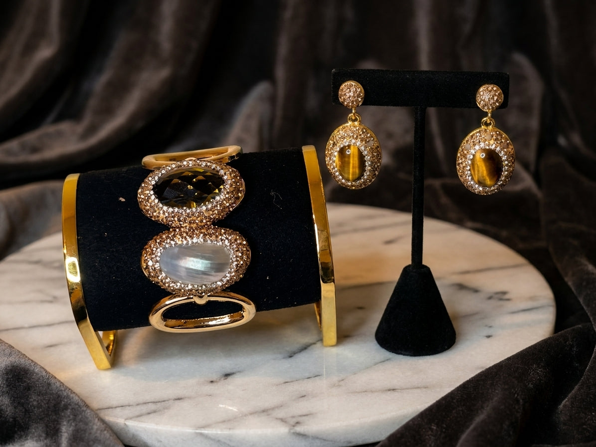Elegant Gold-Tone Tiger's Eye & Crystal Statement Jewellrey Set - Cuff Bracelet and Drop Earrings