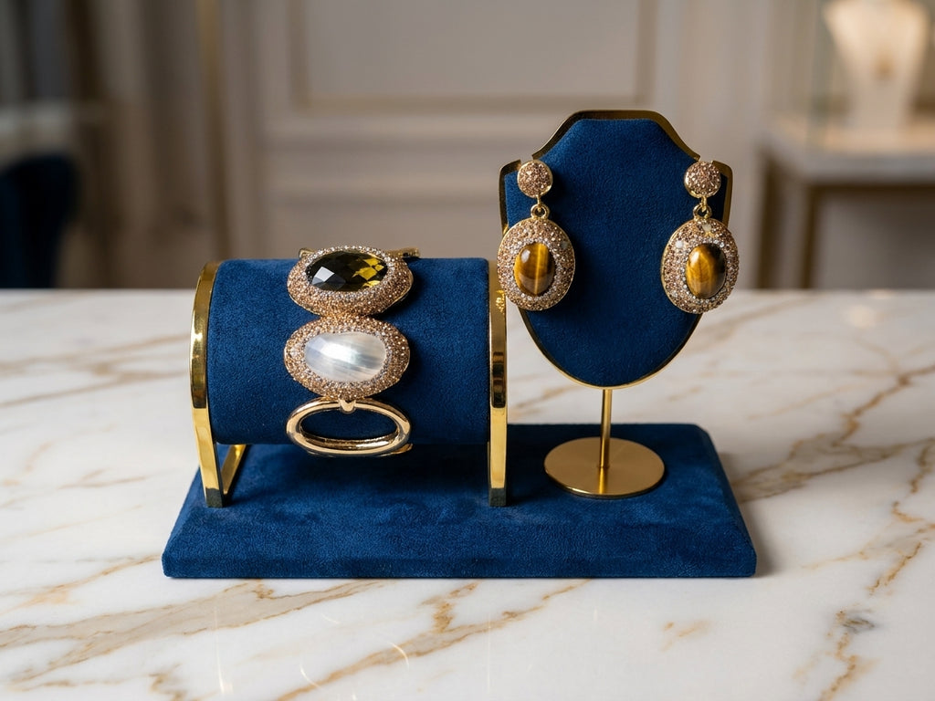Elegant Gold-Tone Tiger's Eye & Crystal Statement Jewellrey Set - Cuff Bracelet and Drop Earrings