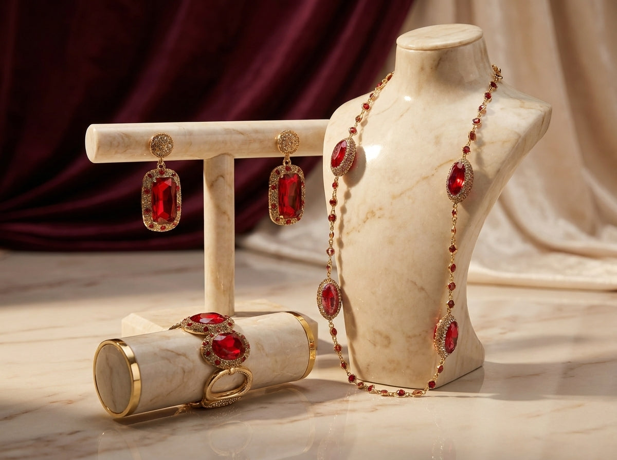 Elegant Red Crystal Jewellery Set - Gold-Toned Statement Necklace, Earrings, and Cuff Bracelet