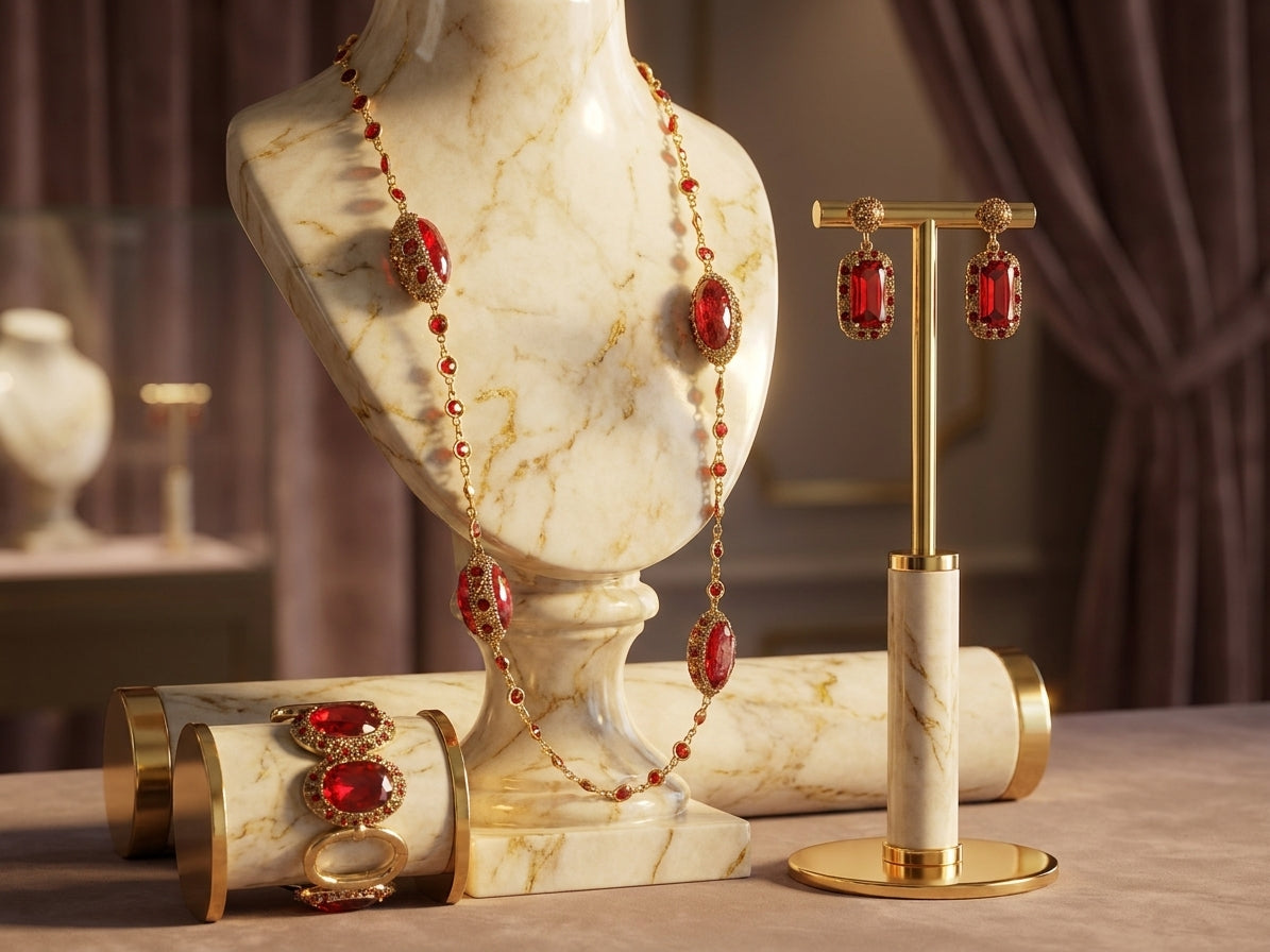 Elegant Red Crystal Jewellery Set - Gold-Toned Statement Necklace, Earrings, and Cuff Bracelet