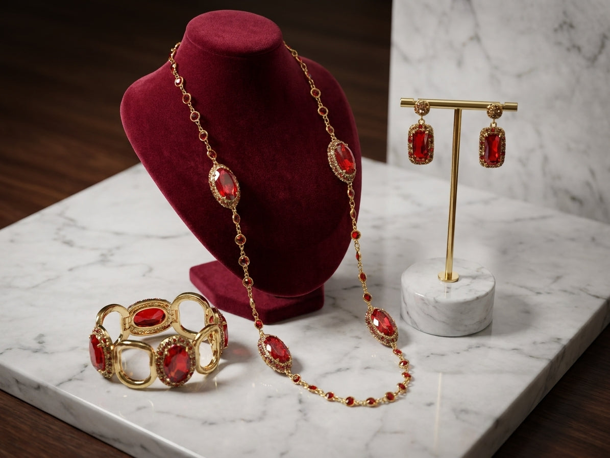 Elegant Red Crystal Jewellery Set - Gold-Toned Statement Necklace, Earrings, and Cuff Bracelet