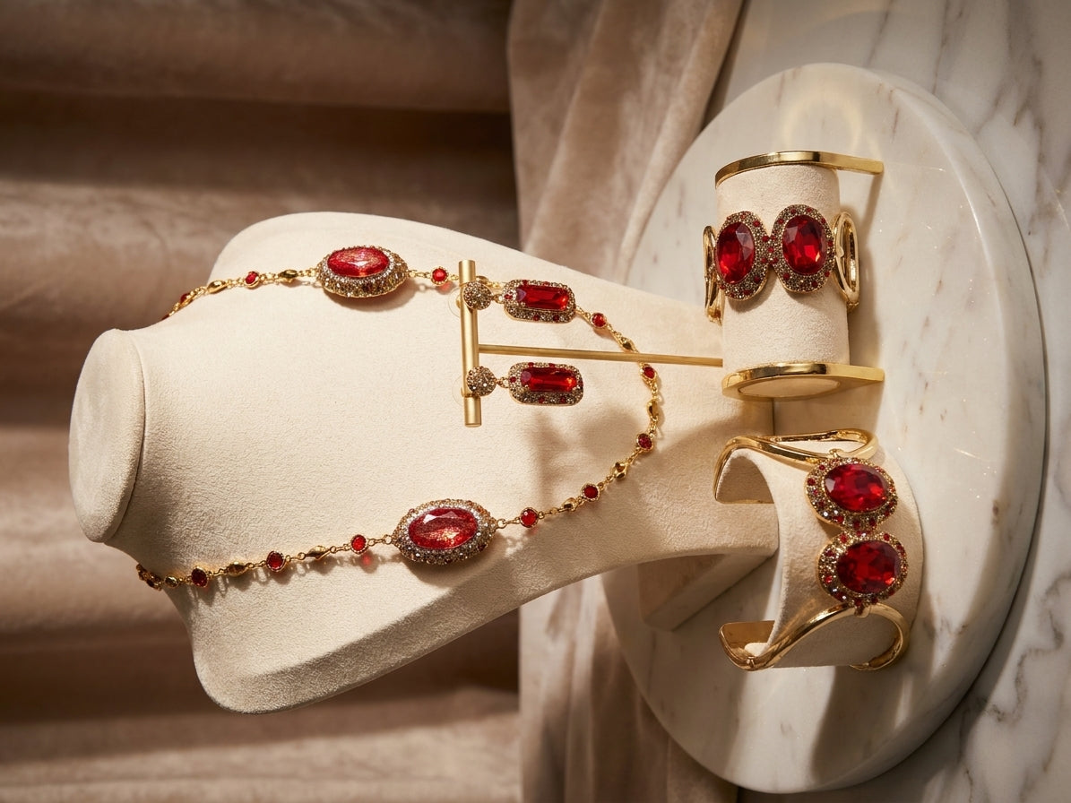 Elegant Red Crystal Jewellery Set - Gold-Toned Statement Necklace, Earrings, and Cuff Bracelet