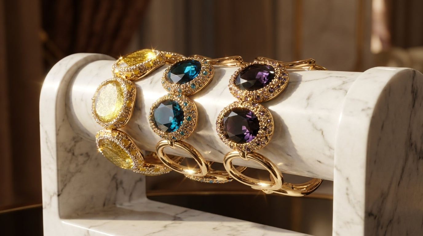 Vintage Style Statement Crystal Cuff Bracelet Set - Gold Toned Bangle Collection
