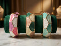 Geometric Enamel Mosaic Hinged Bangle Bracelet - Modern Gold-Tone Statement Jewelry