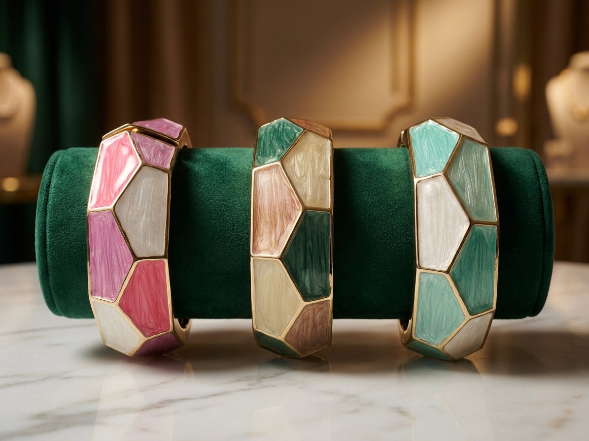 Geometric Enamel Mosaic Hinged Bangle Bracelet - Modern Gold-Tone Statement Jewelry