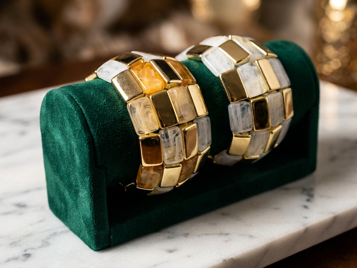 Gold and Marble Resin Tile Multi-Row Stretch Bracelet Set
