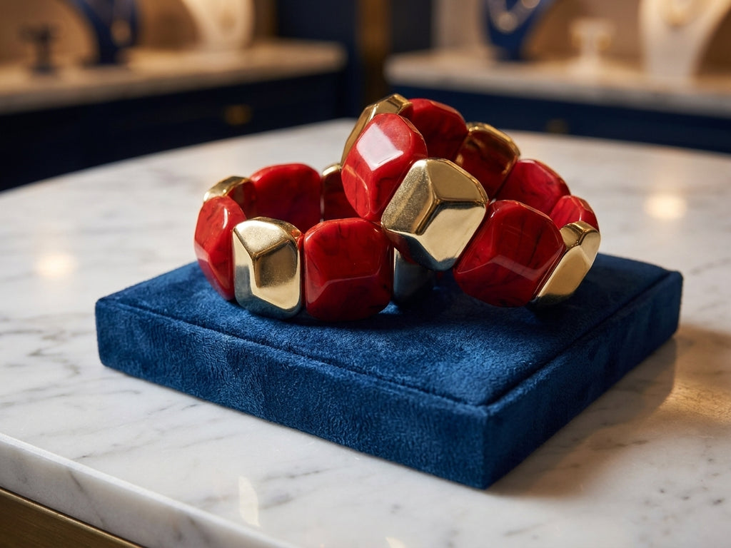 Red and Gold Geometric Chunky Stretch Bracelet Set - Bold Marbled Resin Statement Jewelry