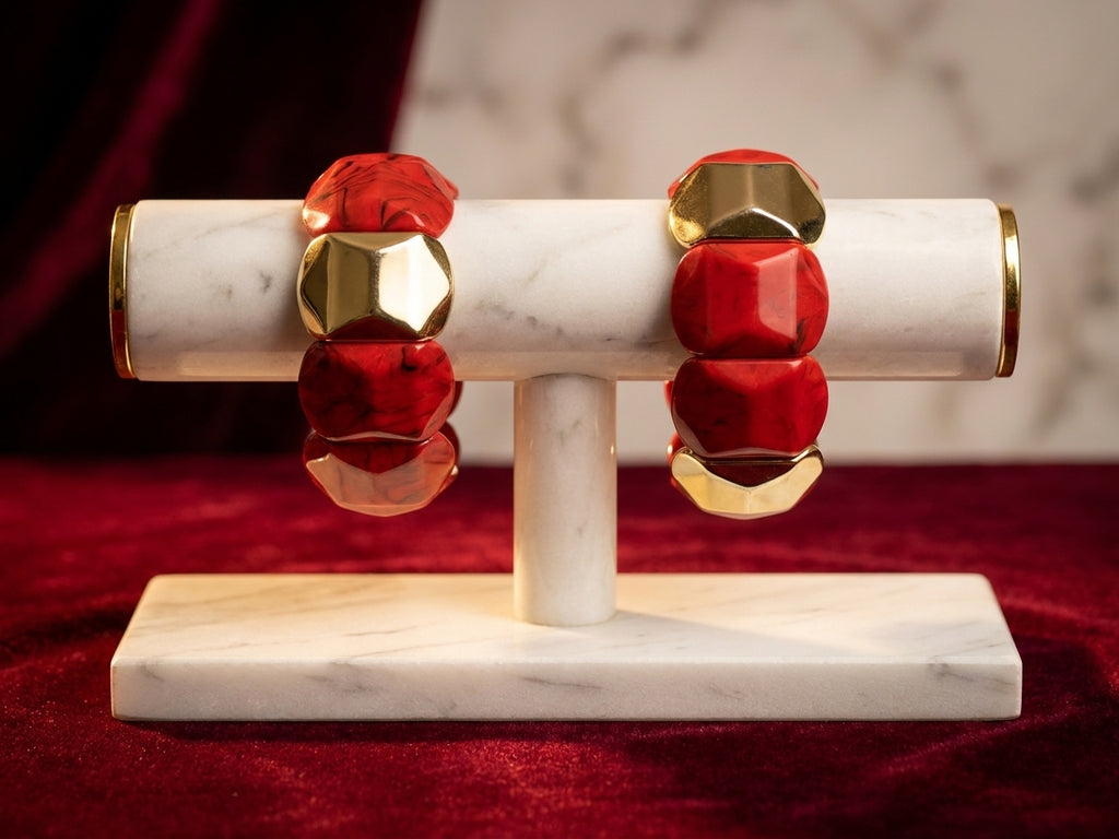 Red and Gold Geometric Chunky Stretch Bracelet Set - Bold Marbled Resin Statement Jewelry