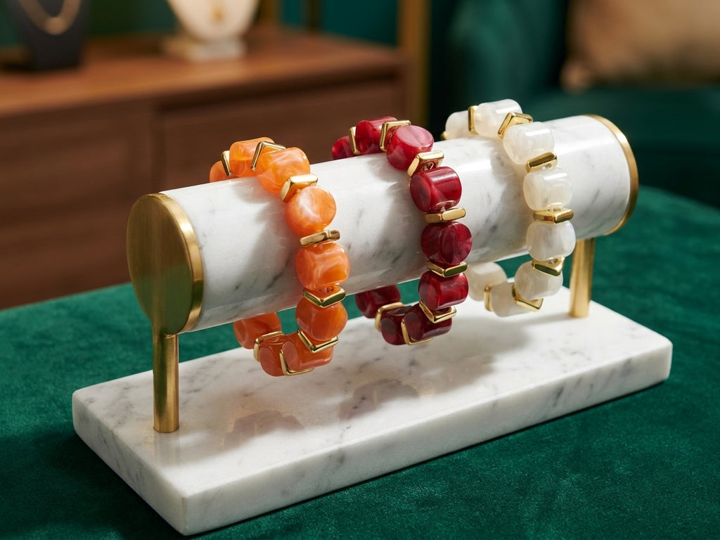 Vibrant Resin Beaded Bracelet Set - Orange, Red, and White with Gold Accents