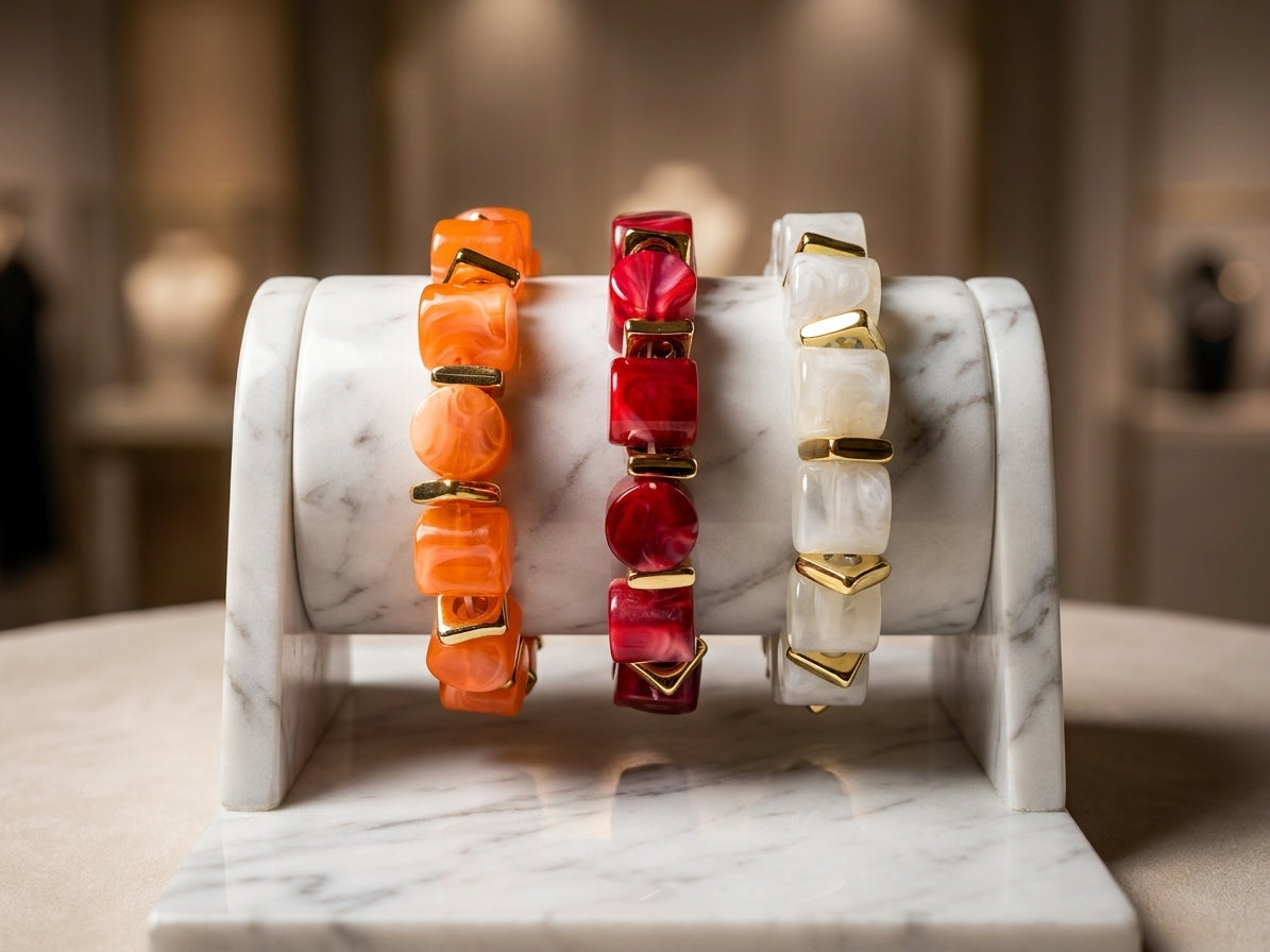 Vibrant Resin Beaded Bracelet Set - Orange, Red, and White with Gold Accents