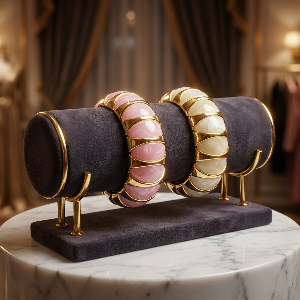 Vintage-Inspired Chunky Ribbed Enamel Bangle Bracelet - Gold-Tone Retro Jewelry in Pink and Cream