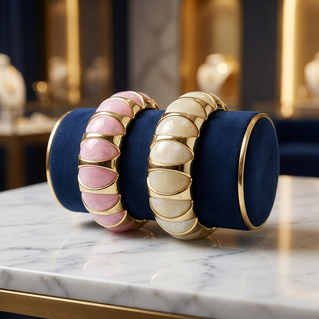 Vintage-Inspired Chunky Ribbed Enamel Bangle Bracelet - Gold-Tone Retro Jewelry in Pink and Cream
