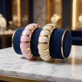 Vintage-Inspired Chunky Ribbed Enamel Bangle Bracelet - Gold-Tone Retro Jewelry in Pink and Cream