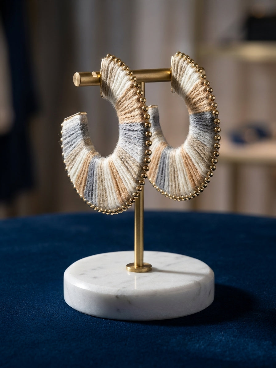 Handmade Boho Yarn-Wrapped Hoop Earrings with Gold Beaded Trim - Neutral Tones