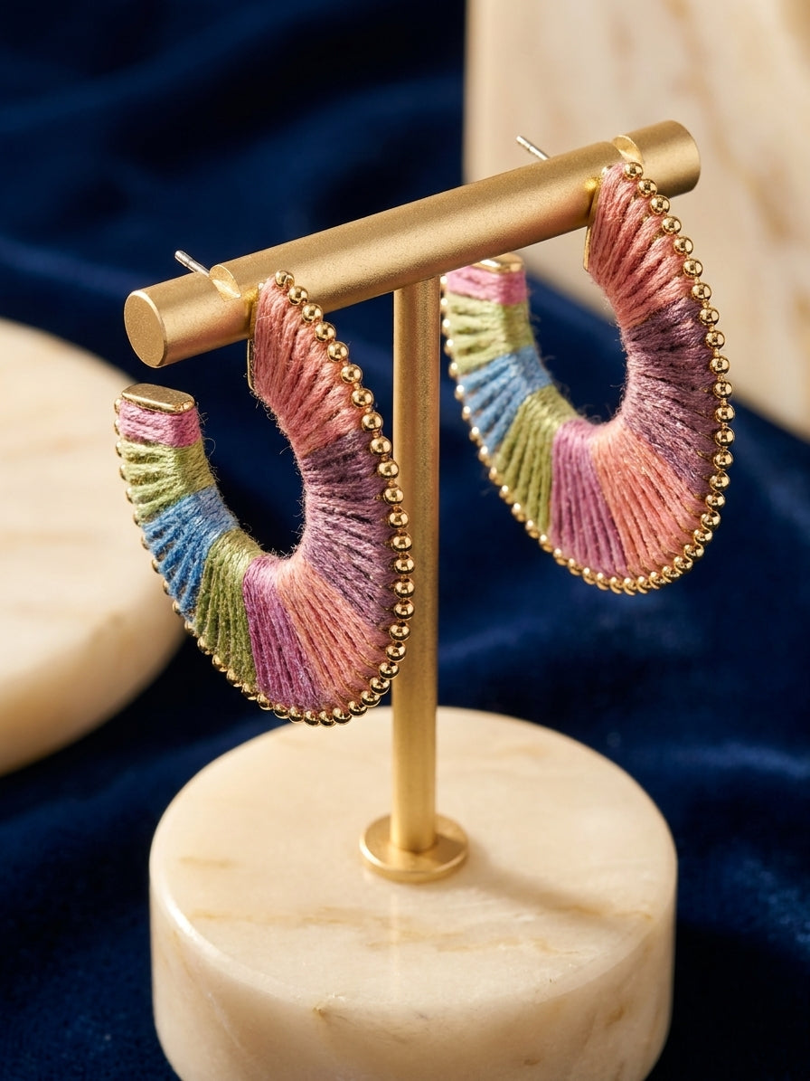 Bohemian Multi-Colour Thread-Wrapped Hoop Earrings with Gold Beaded Trim