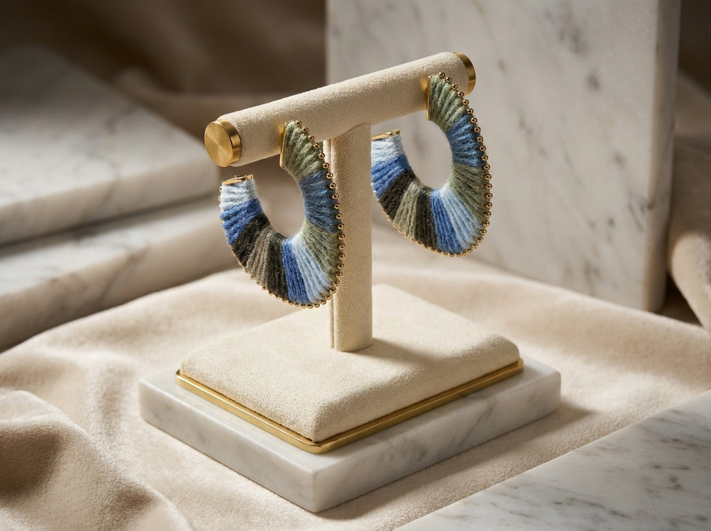 Boho Yarn Wrapped C-Hoop Earrings - Blue & Grey Beaded Statement Hoops