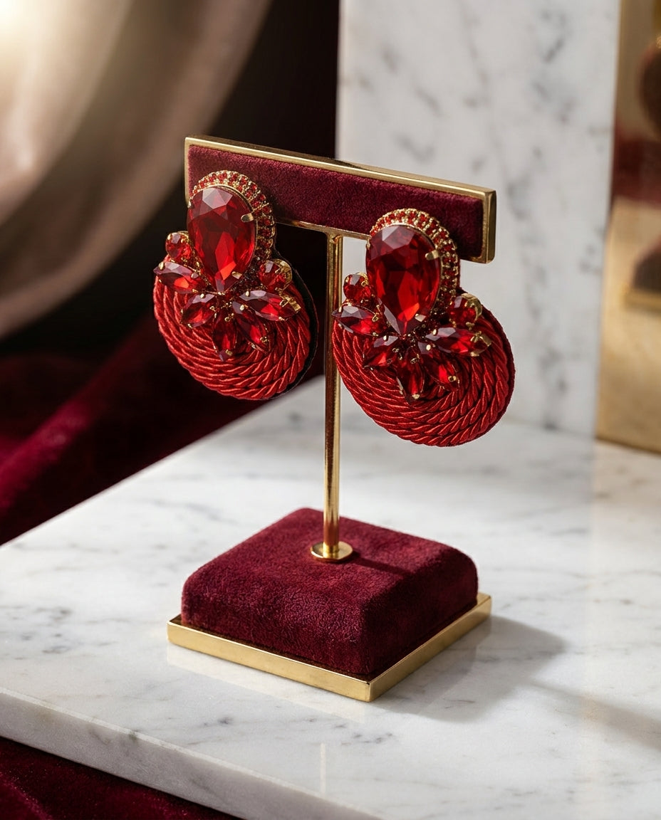 Red Crystal Statement Earrings - Handcrafted Festive Jewellery