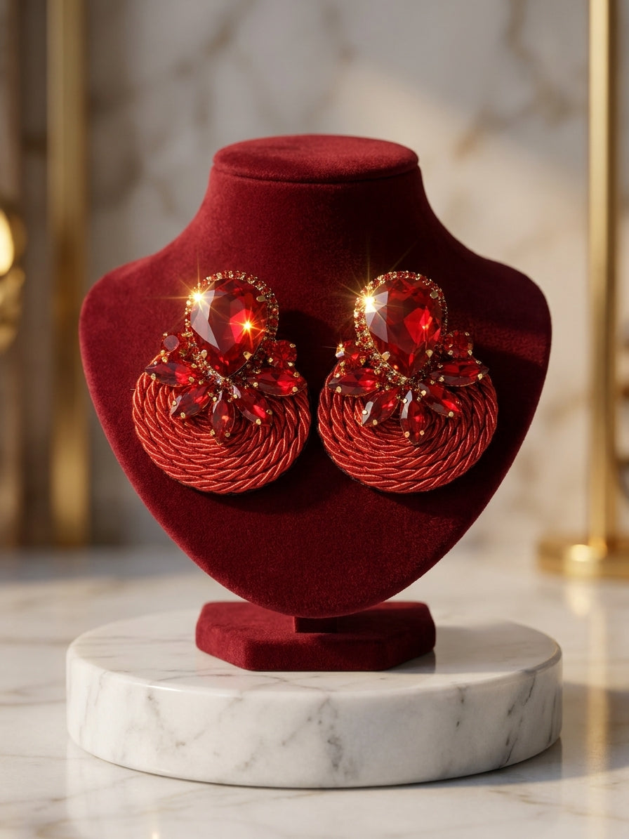 Red Crystal Statement Earrings - Handcrafted Festive Jewellery