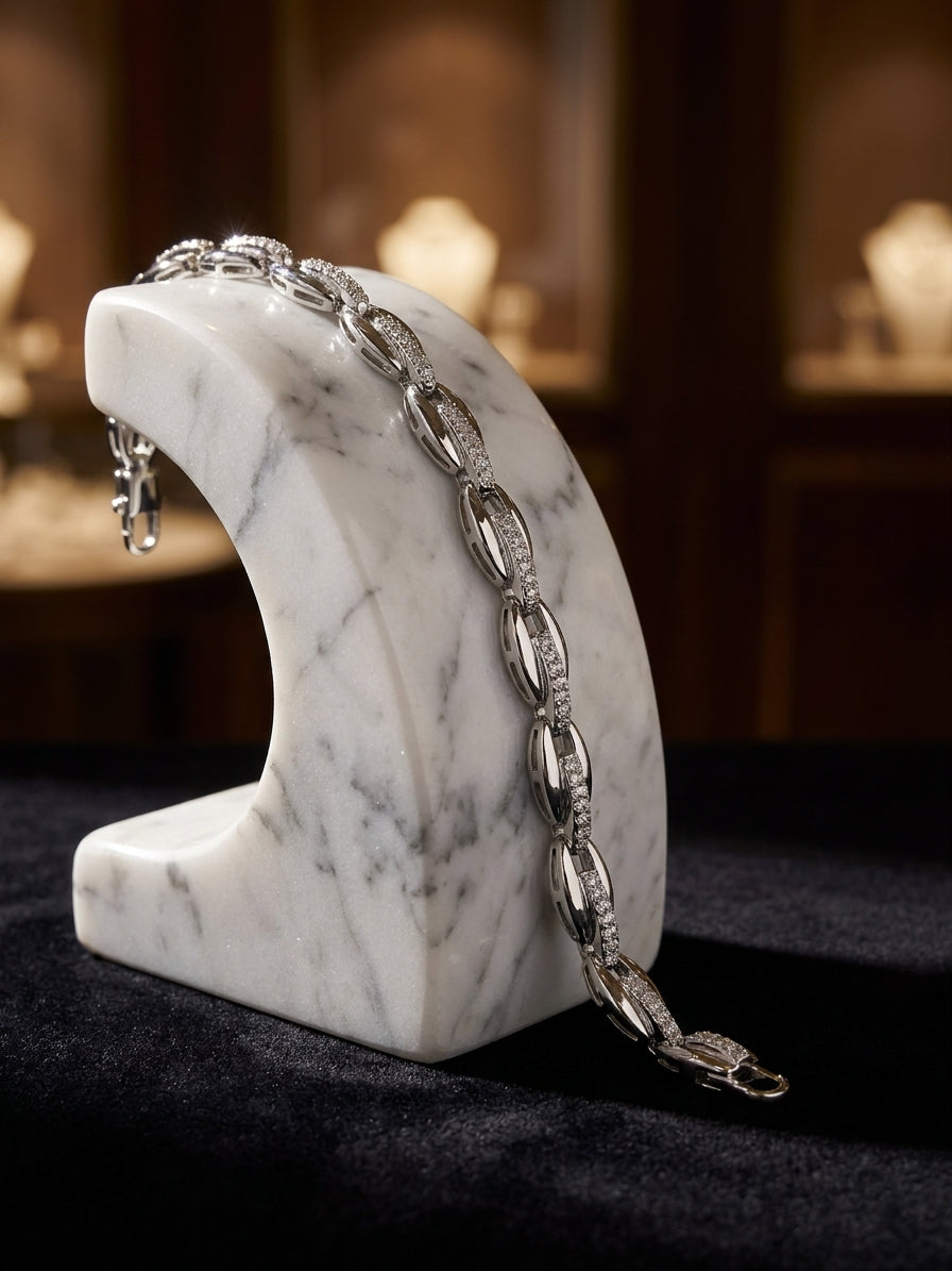 Silver-Tone Puffed Mariner Coffee Bean Link Bracelet with Sparkling Accents